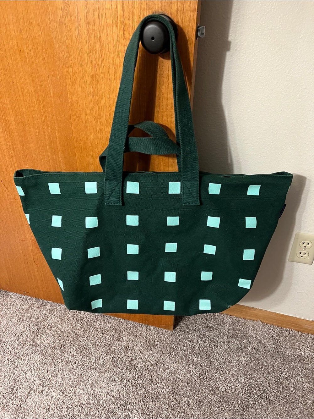 BAGGU Dark Green Canvas Tote Bag with Mint Square Print
